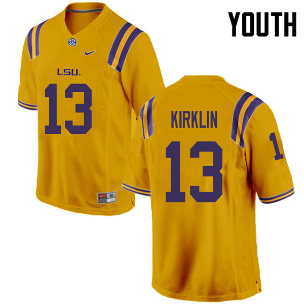 Youth #13 Jontre Kirklin LSU Tigers College Football Jerseys Sale-Gold - Click Image to Close
